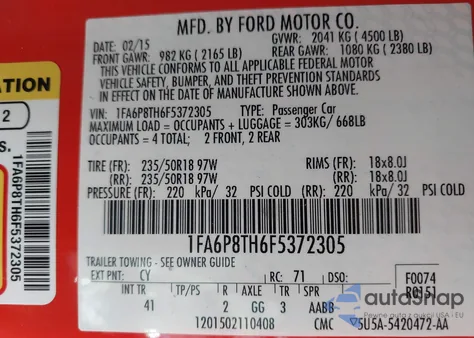2015 Ford Mustang Ecoboost from USA, damaged, VIN 1FA6P8TH6F5372305